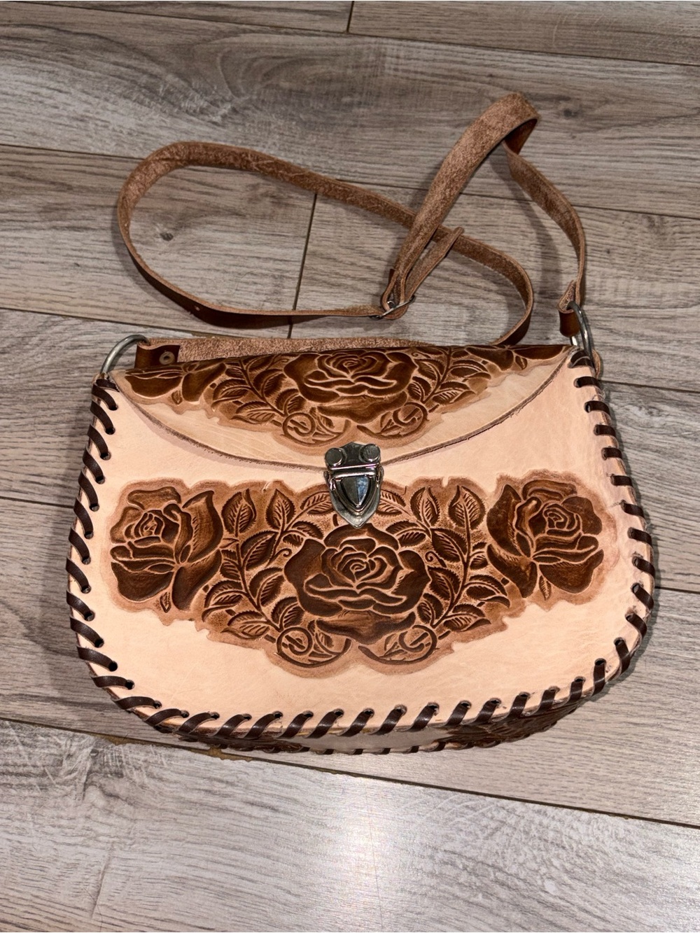 Tooled Floral Leather Crossbody Bag in Natural Brown